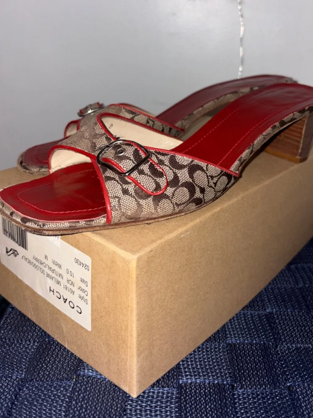Vintage Coach Brown Signature Monogram Slide Sandals with Red Footbed